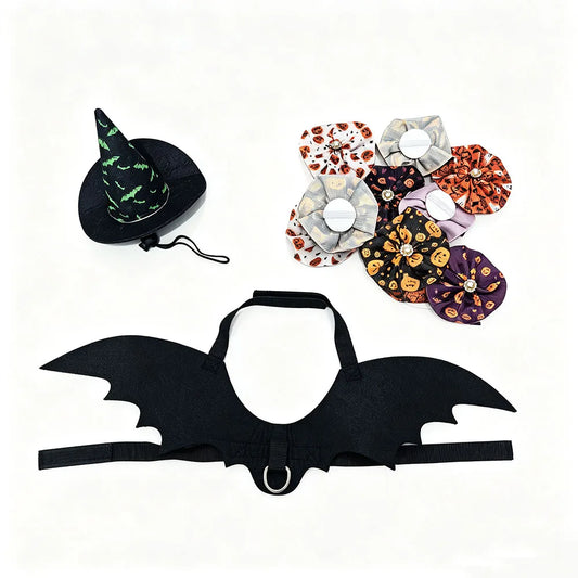 3-Piece Halloween Spooky Set for Cats & Small Dogs | Bat Wings, Witch Hat & Skull Bow Tie