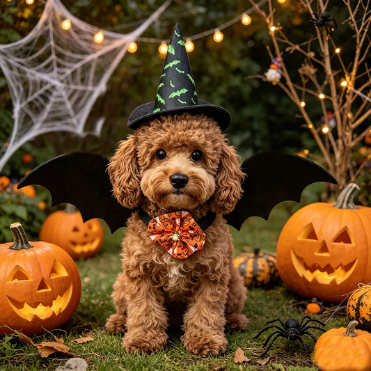 3-Piece Halloween Spooky Set for Cats & Small Dogs | Bat Wings, Witch Hat & Skull Bow Tie