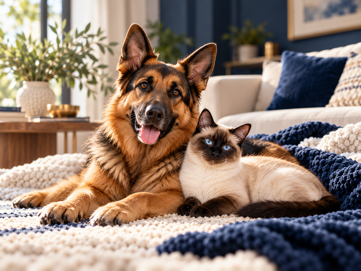 German Shepherd dog and Siamese cat relaxing together