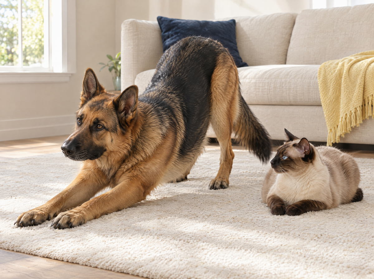 German Shepherd stretching beside a relaxed Siamese cat in a sunlit living room