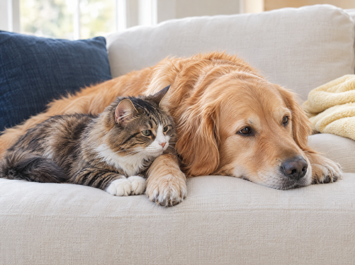 Golden retriever and tabby cat resting together on an ivory sofa in gentle window light
